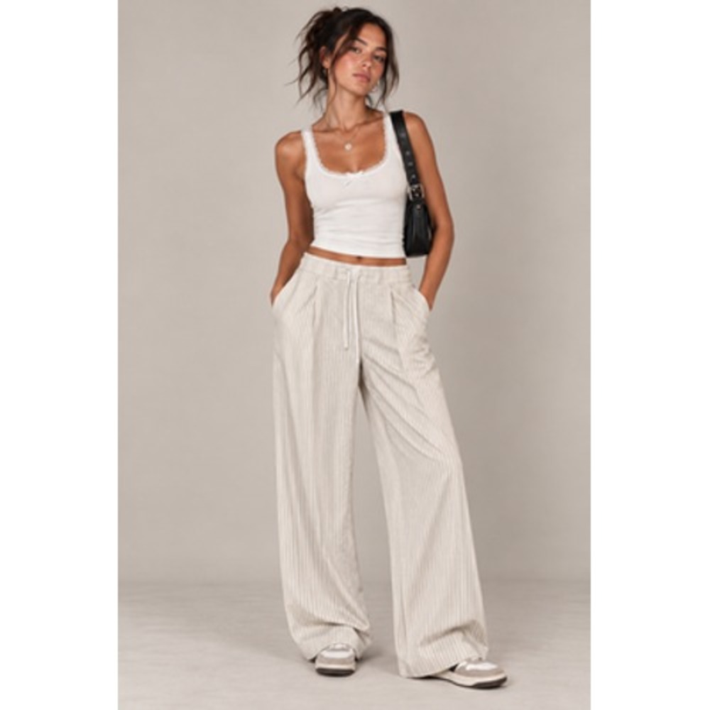 Zara Pinstripe Dress Pants Womens L Cream Wide Leg Elastic Waist Layered Look